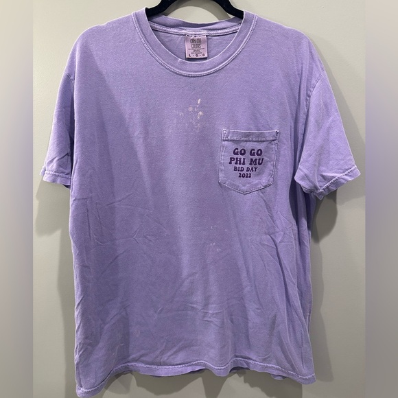 Comfort Colors Phi Mu Bid Day 2022 Pocket Tee Size L Purple - Picture 1 of 7